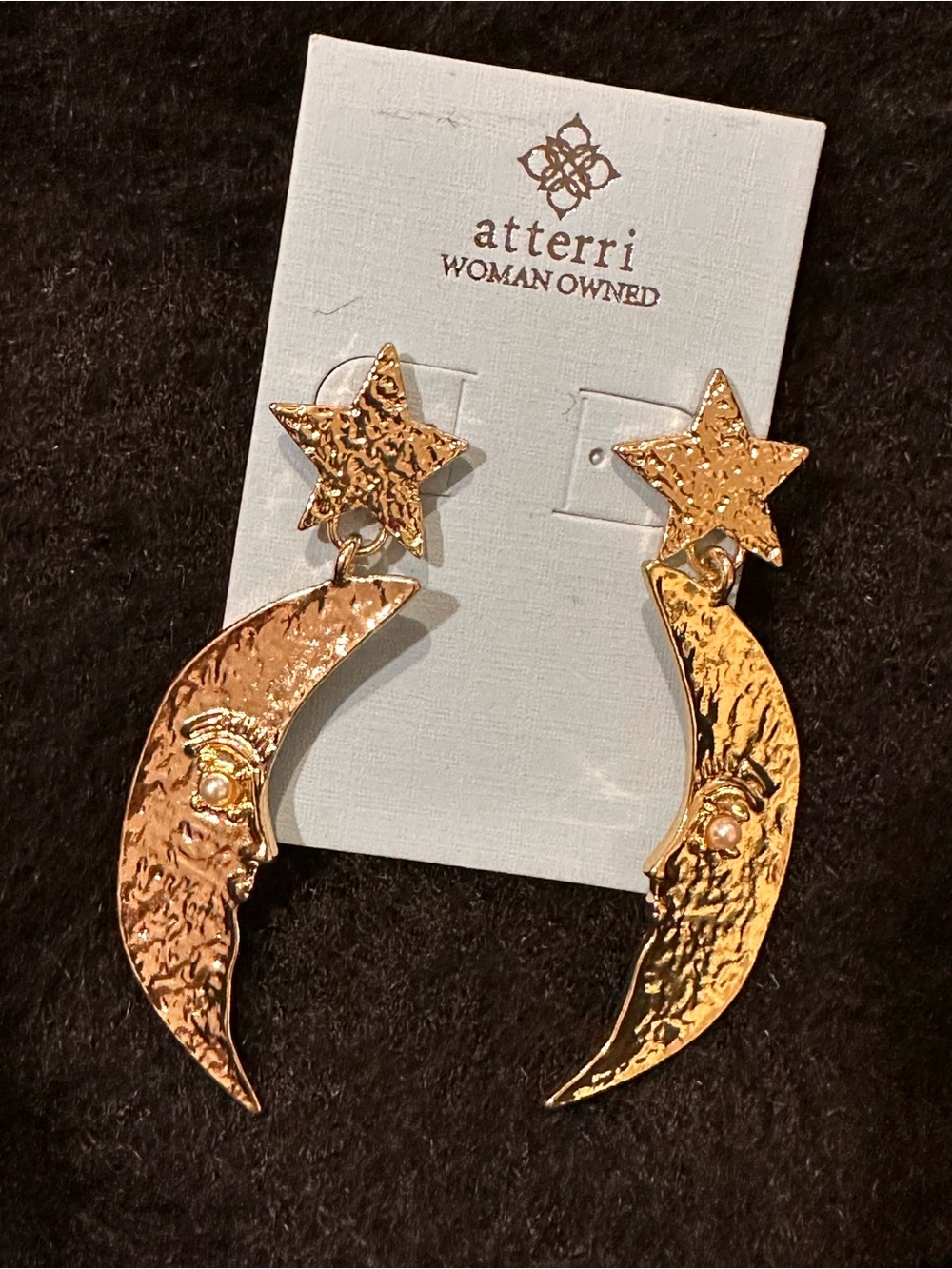 Atterri Celestial Statement Earrings Gold Star Moon Pearl Accent
